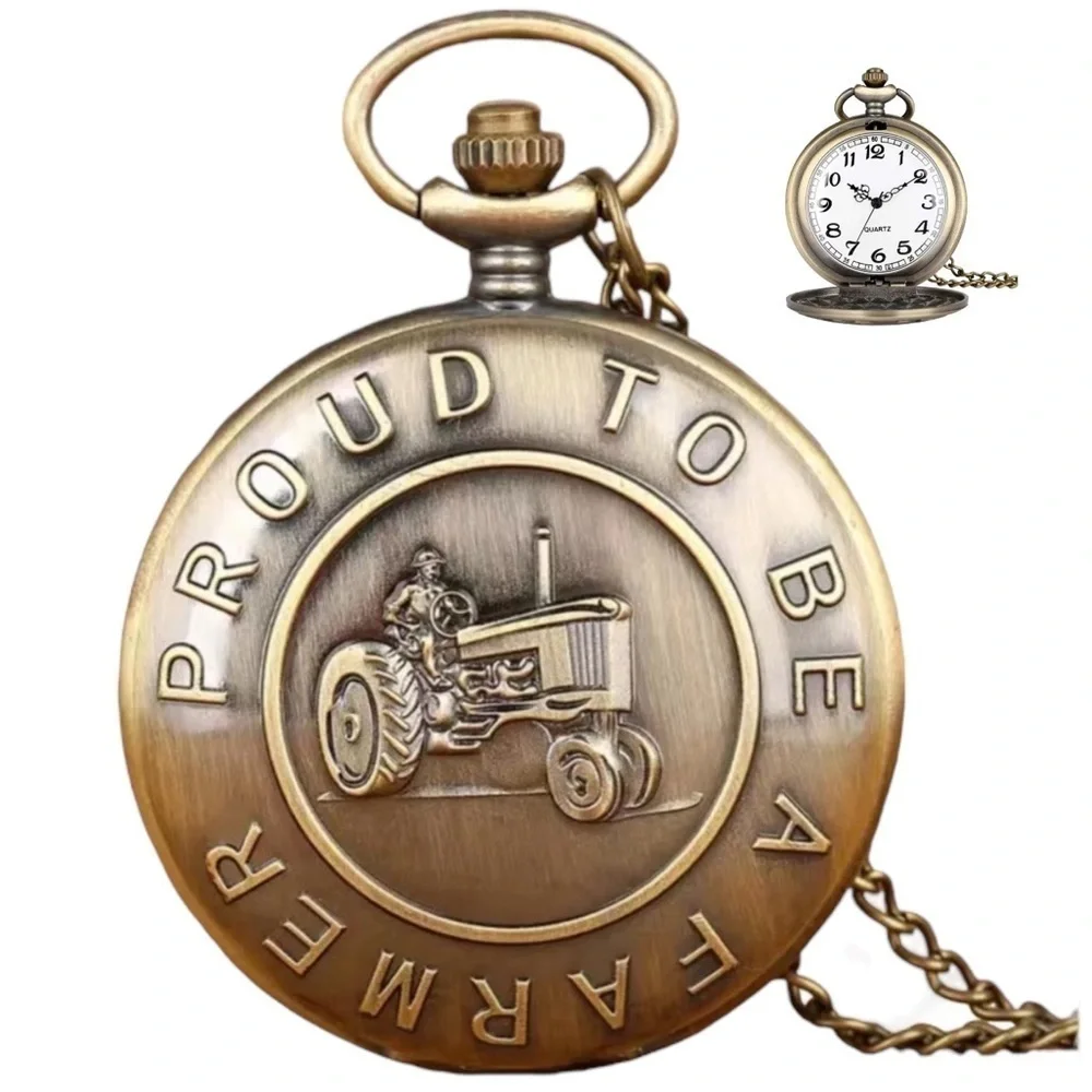 Farmer Bronze Pocket Watch Chained Pendant Retro Quartz Analog Gift Pouch